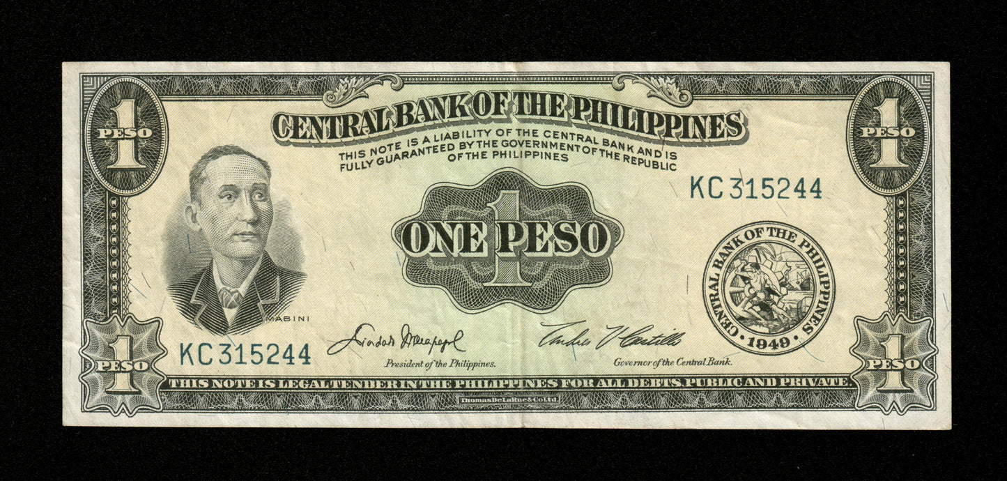 PHILIPPINES - 1 Peso 1949 Pick 133f Macapagal & Castillo TTB / VF