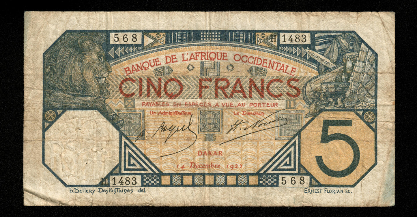AFRIQUE OCCIDENTALE FRANÇAISE - Dakar, 5 Francs 1922 Pick 5Bb B / Good