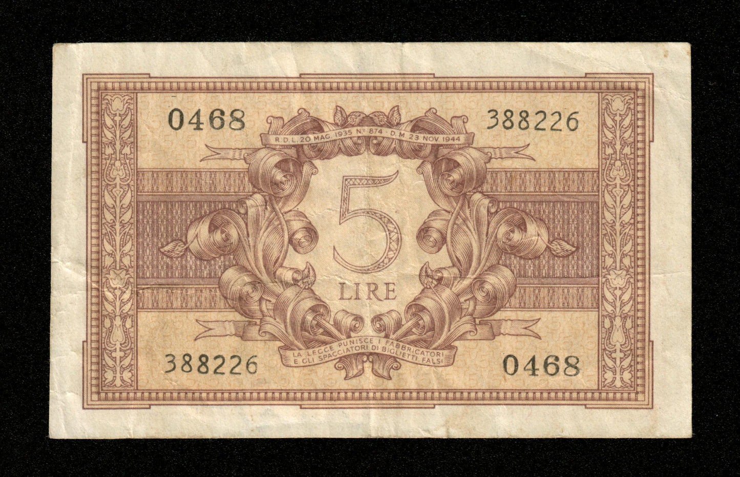 ITALIE - 5 Lire 1944 Pick 31b TB / Fine
