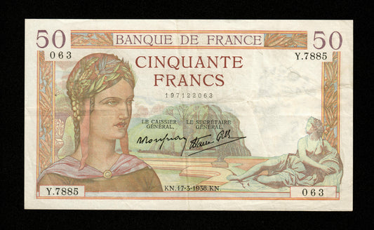 FRANCE - 50 Francs Cérès Modifié 1938 F.18.10 Pick 85b TTB / VF
