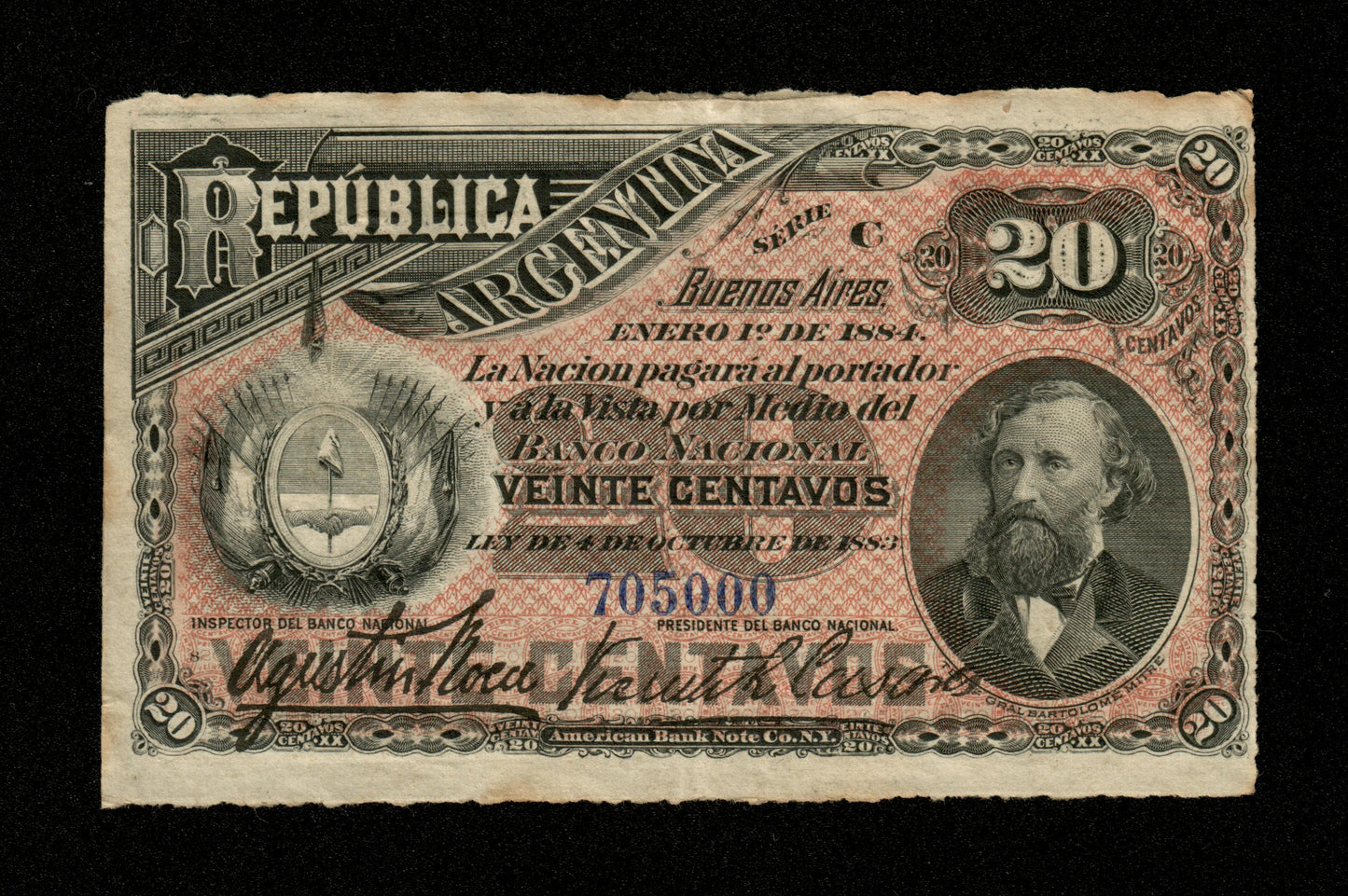 ARGENTINE - Republic, 20 Centavos 1883 1884 Pick 7a Roca & Casares pr.SUP / XF-