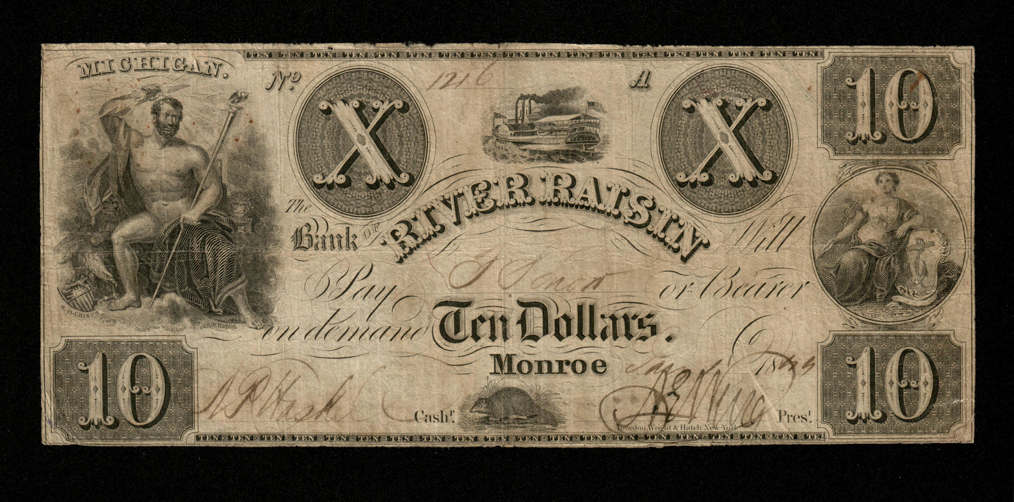 ÉTATS UNIS D'AMÉRIQUE - USA - Obsolete, River Raisin Bank Monroe - 10 Dollars $10 1844 (1840's) TB / Fine