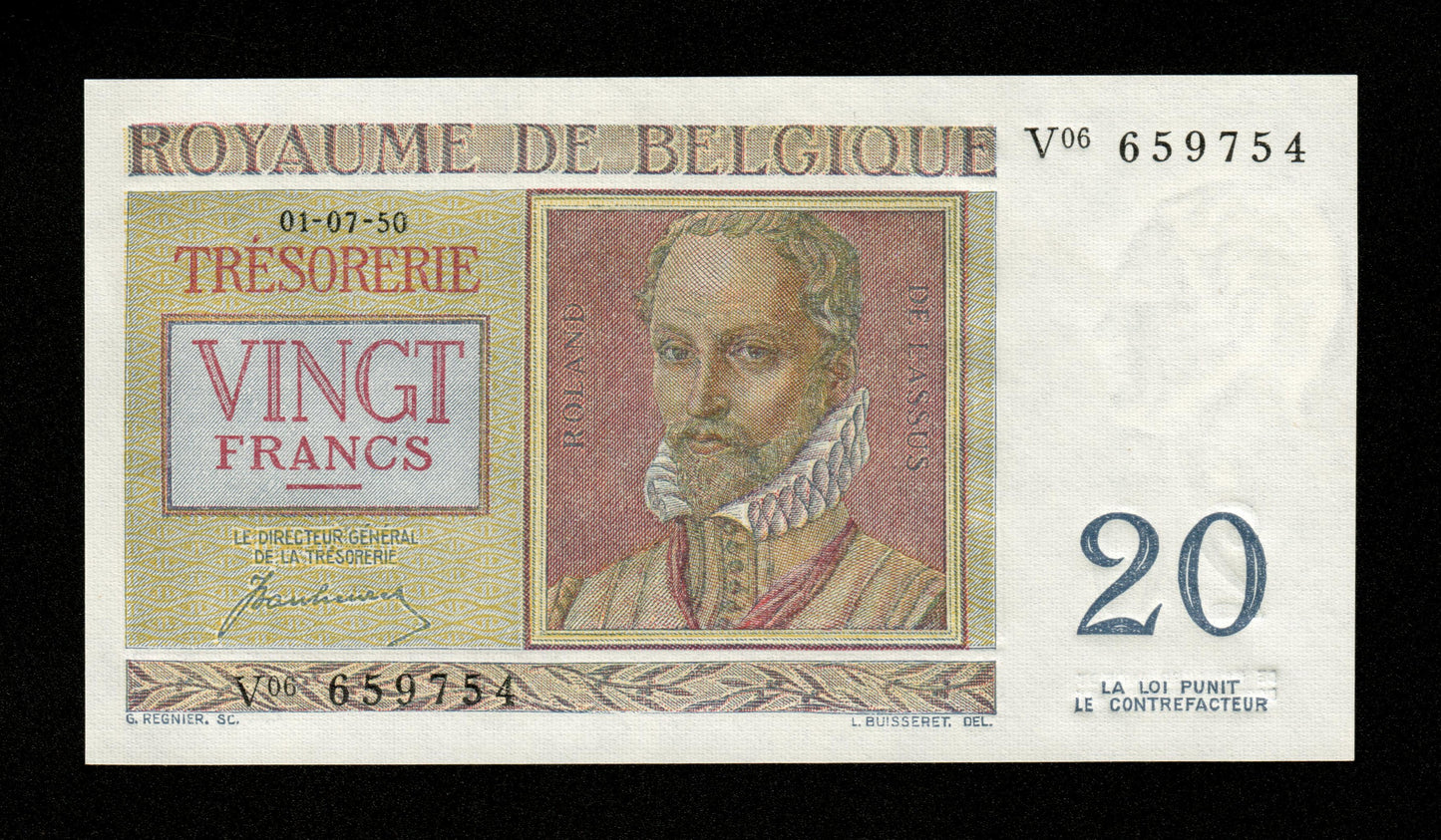 BELGIQUE - Trésorerie, 20 Francs 1950 Pick 132a van Heurck NEUF / UNC
