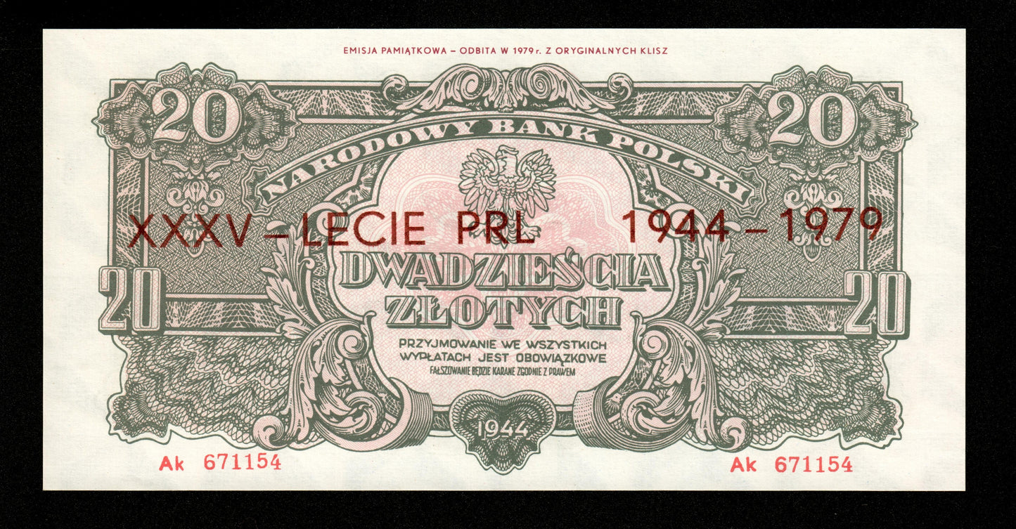 POLOGNE - 20 Zlotych 1944 1979 Pick 113f NEUF / UNC