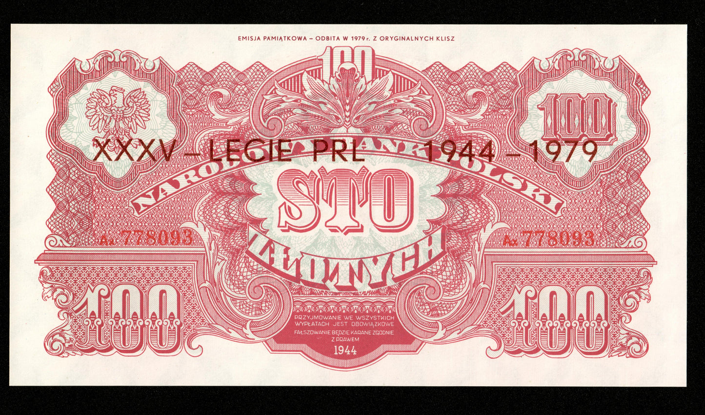 POLOGNE - 100 Zlotych 1944 1979 Pick 117g NEUF / UNC