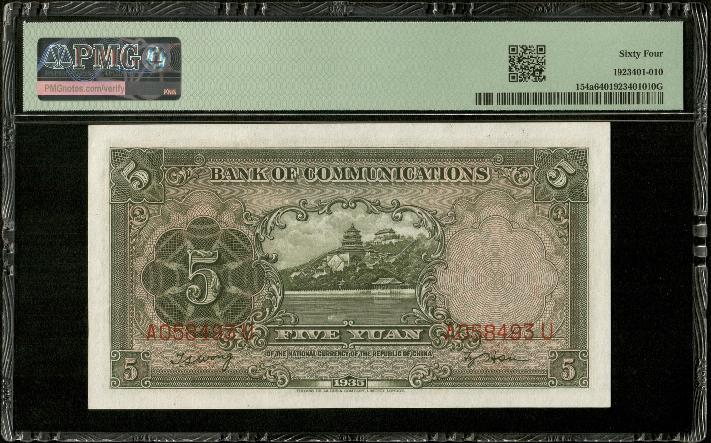 CHINE - CHINA - Bank of Communications, 5 Yuan 1935 Pick 154 PMG Choice Unc 64