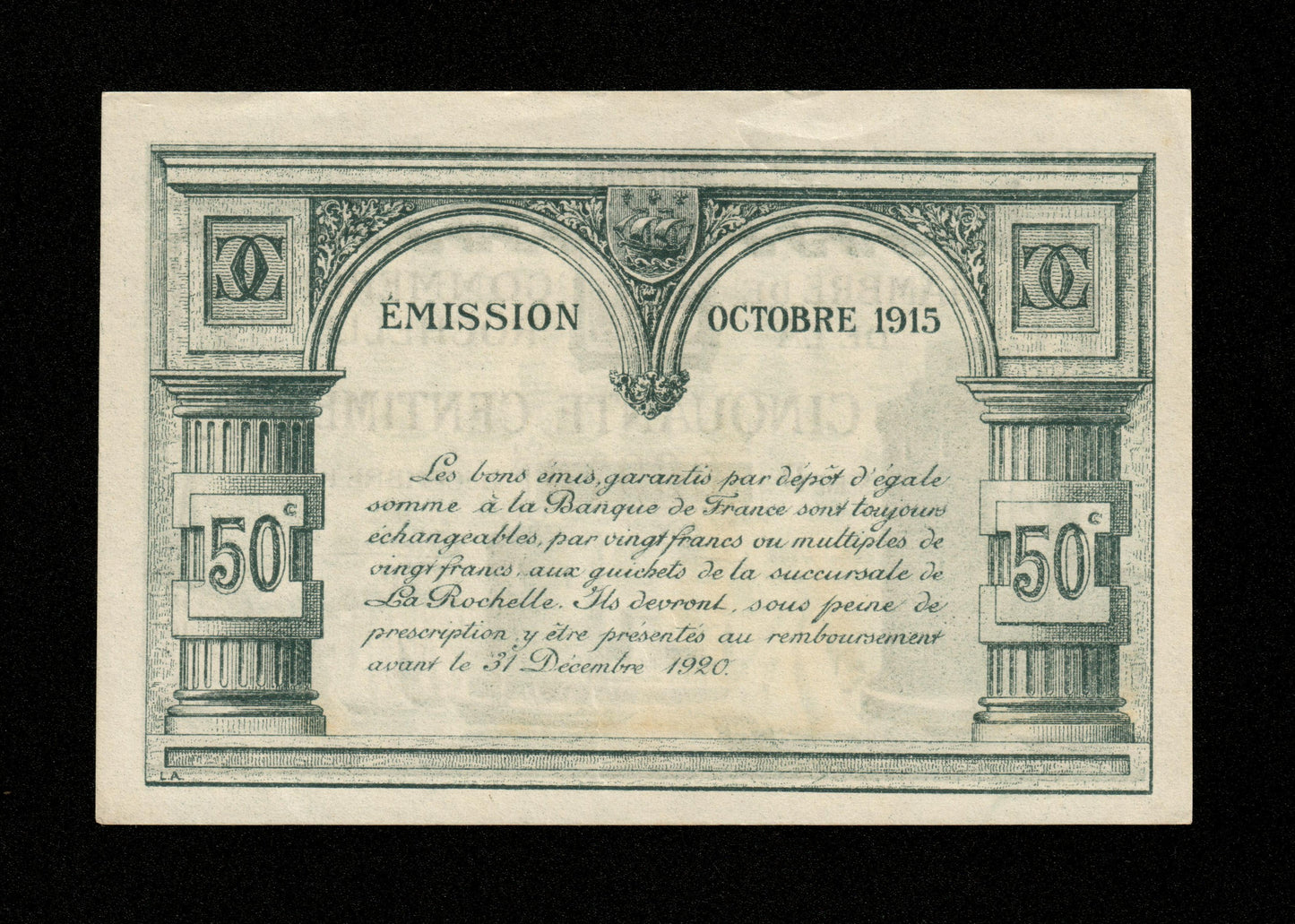 FRANCE - Chambre de Commerce de La Rochelle 50 Centimes 1915 JP.66.01 SPL / AU