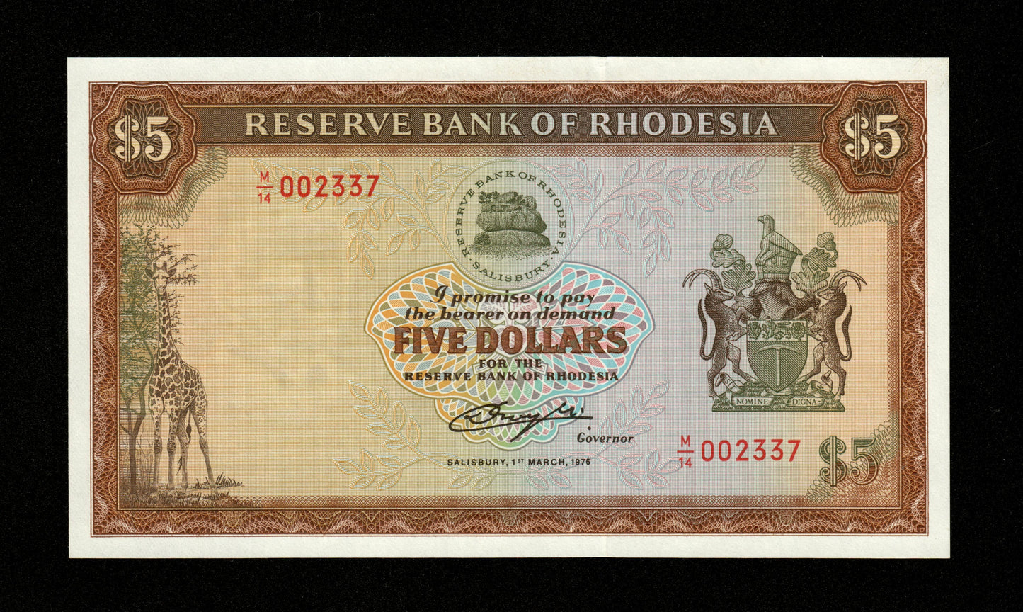 RHODÉSIE - RHODESIA - 5 Dollars 1976 Pick 36a NEUF / UNC