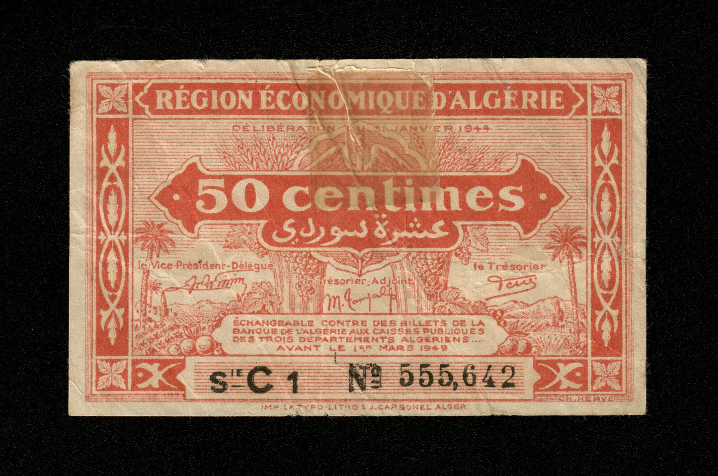 ALGÉRIE - ALGERIA - 50 Centimes Région Économique 1944 Pick 97a TB / Fine