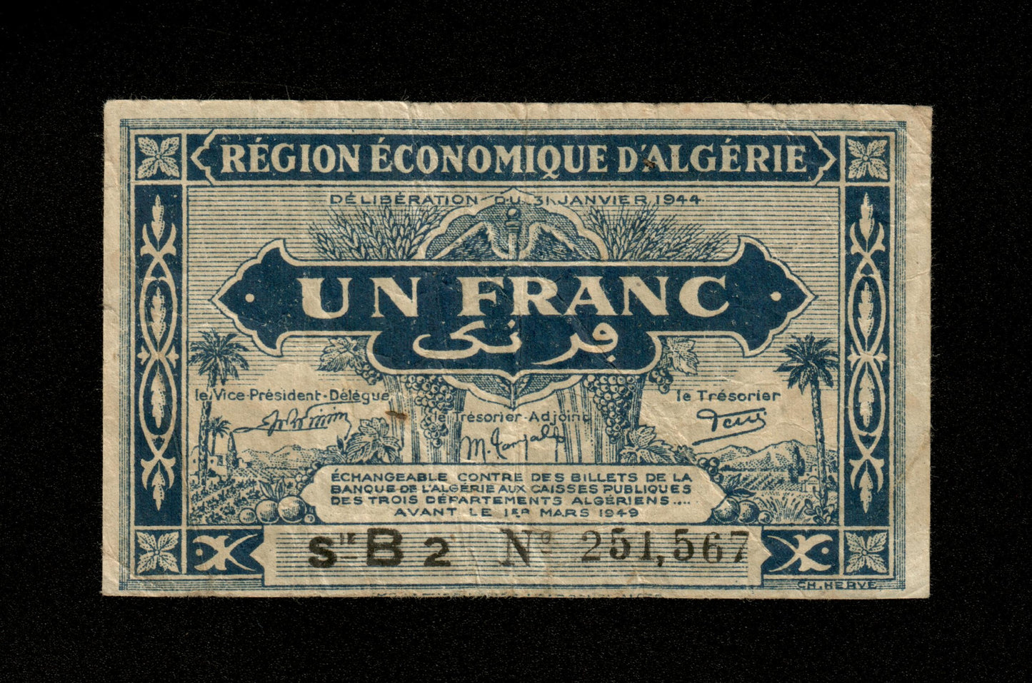ALGÉRIE - ALGERIA - 1 Franc Région Économique 1944 Pick 98a TB / Fine