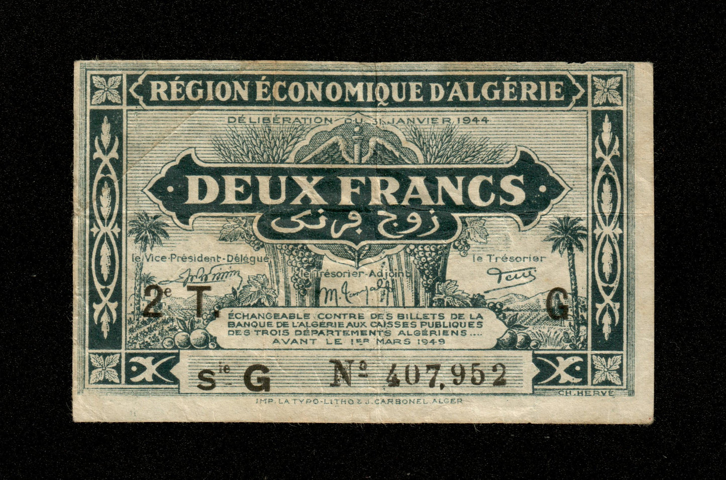 ALGÉRIE - ALGERIA - 2 Francs Région Économique 1944 Pick 102 TB / Fine