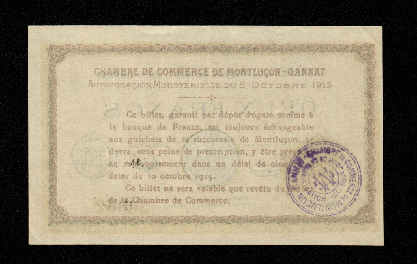 FRANCE - Chambre de Commerce de Montluçon-Gannat, 2 Francs 1915 JP.84.18 SPL / AU