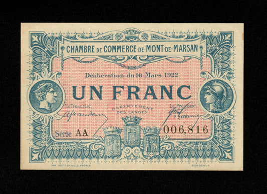 FRANCE - Chambre de Commerce de Mont-de-Marsan, 1 Franc 1922 JP.82.41 SPL+ / AU+