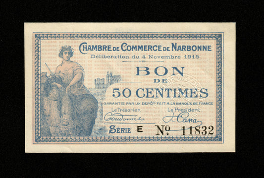 FRANCE - Chambre de Commerce de Narbonne, 50 Centimes 1915 JP.89.03 SUP+ / XF+