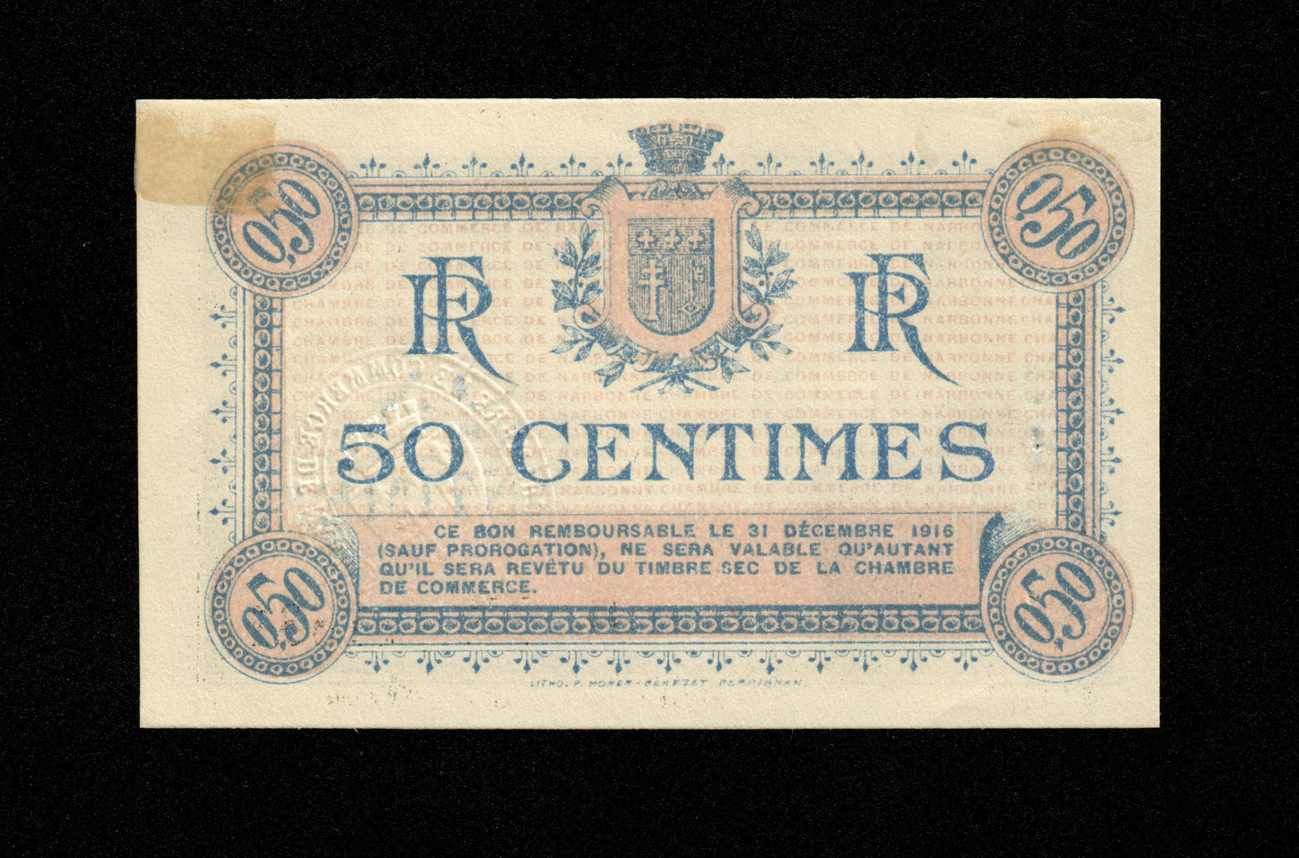 FRANCE - Chambre de Commerce de Narbonne, 50 Centimes 1915 JP.89.03 SUP+ / XF+