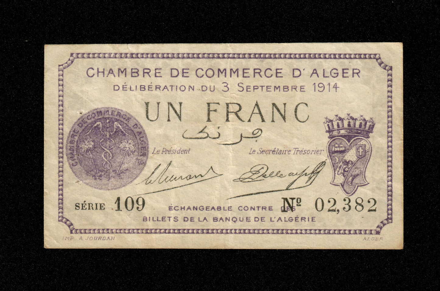 ALGÉRIE - ALGERIA - Chambre de Commerce d'Alger, 1 Franc 1914 JP.137.01 TTB / VF