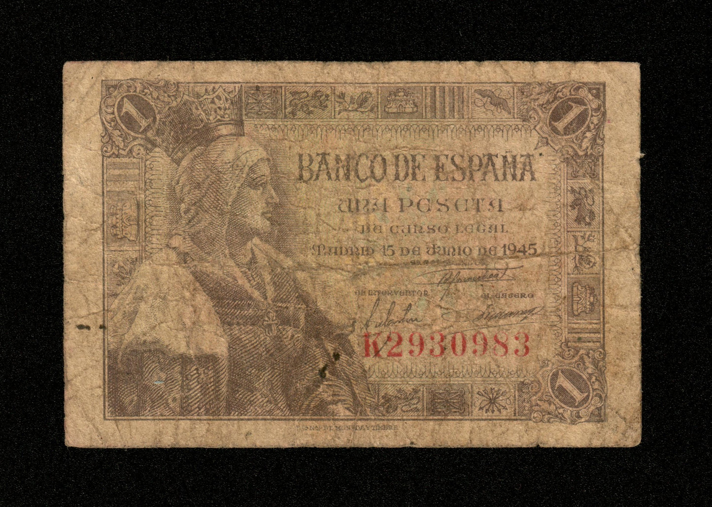 ESPAGNE - SPAIN - 1 Peseta 1945 Pick 128 B / Good