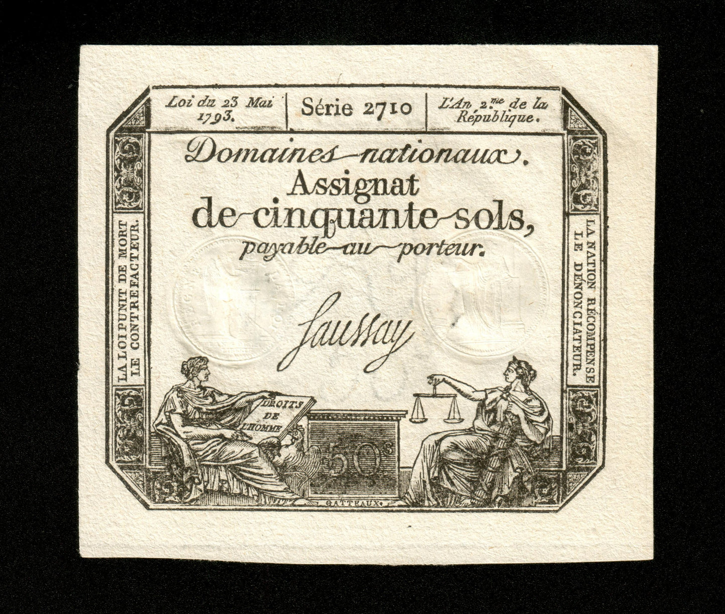 FRANCE - Assignat, 50 Sols 23 Mai 1793 Ass.42c, Pick A70b Série 2710 SPL / AU