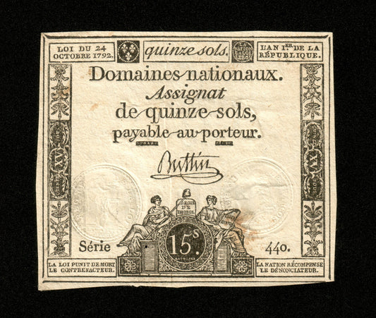 FRANCE - Assignat, 15 Sols 24 octobre 1792 Ass.35a, Pick A65 TTB / VF