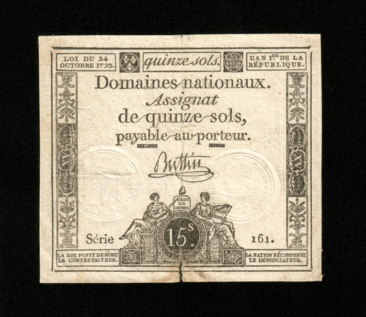 FRANCE - Assignat, 15 Sols 24 octobre 1792 Ass.35a, Pick A65 TB / Fine