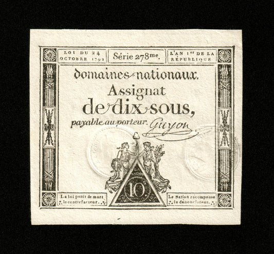 FRANCE - Assignat, 10 Sous 24 Octobre 1792 Ass.34a, Pick A64a SPL+ / AU+