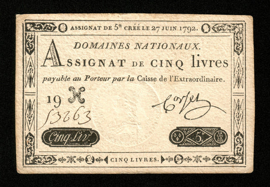 FRANCE - Assignat, 5 Livres 27 Juin 1792 Ass.30a, Pick A60 Sign. Corsel TTB / VF