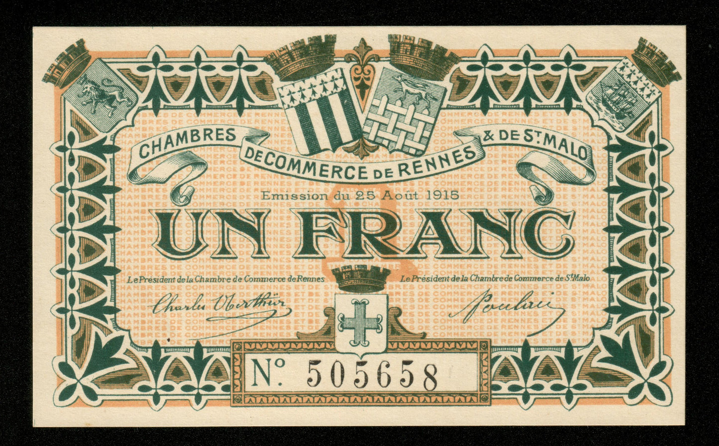 FRANCE - Chambre de Commerce de Rennes & Saint-Malo, 1 Franc 1915 JP.105.03 pr.NEUF / UNC-