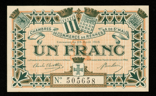 FRANCE - Chambre de Commerce de Rennes & Saint-Malo, 1 Franc 1915 JP.105.03 pr.NEUF / UNC-