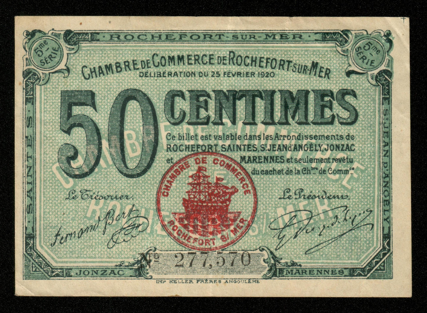 FRANCE - Chambre de Commerce de Rochefort-sur-Mer, 50 Centimes 1920 JP.107.17 TTB / VF