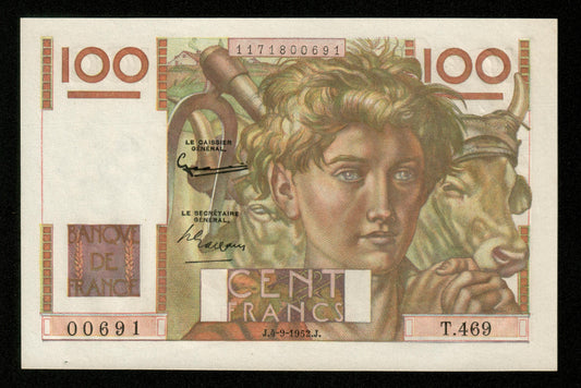 FRANCE - 100 Francs Jeune Paysan 1952 F.28.33 Pick 128d SUP+ / XF+