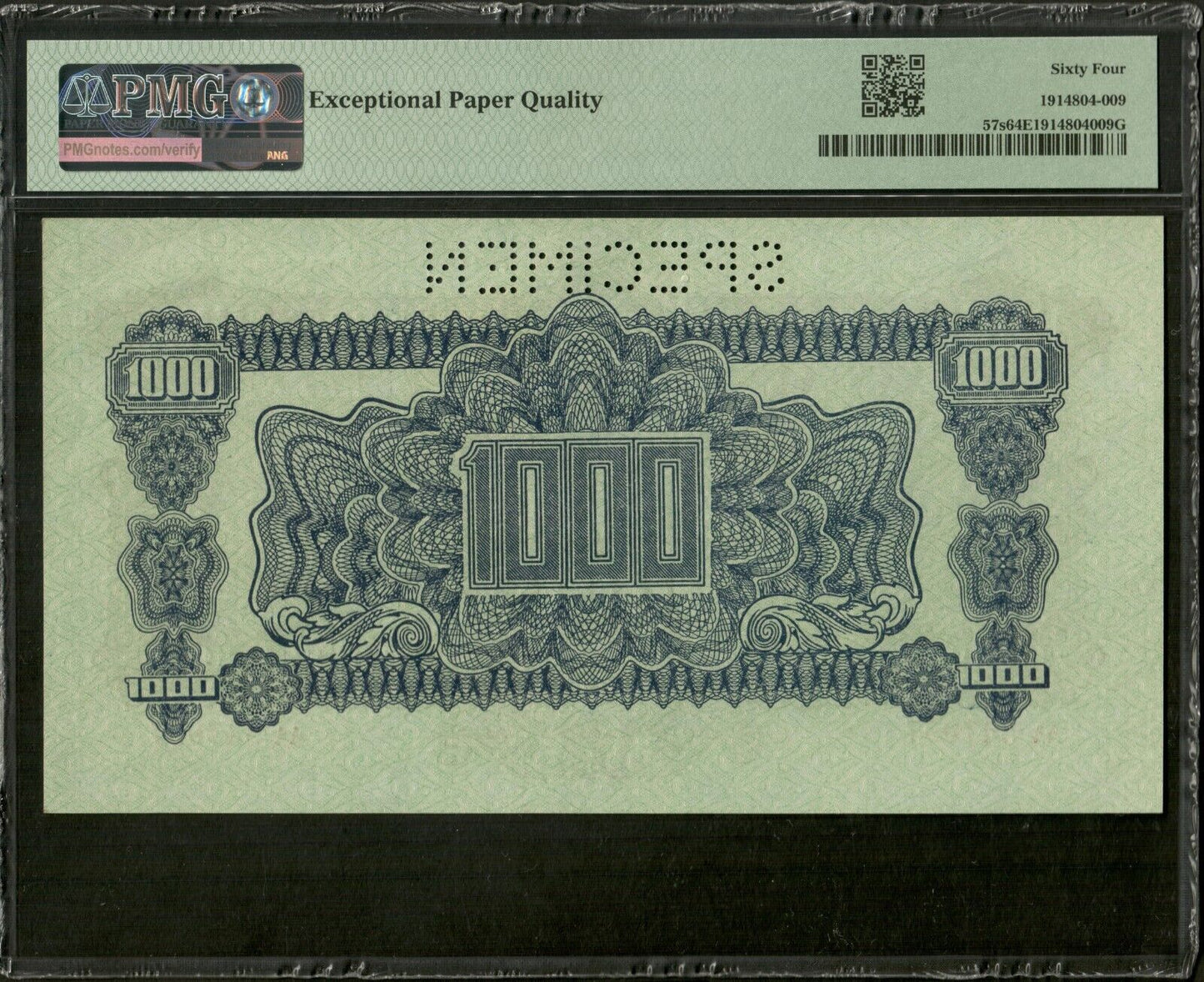 CZECHOSLOVAKIA - 1000 Korun Specimen 1944 P.57s NEUF / PMG Choice Unc 64 EPQ