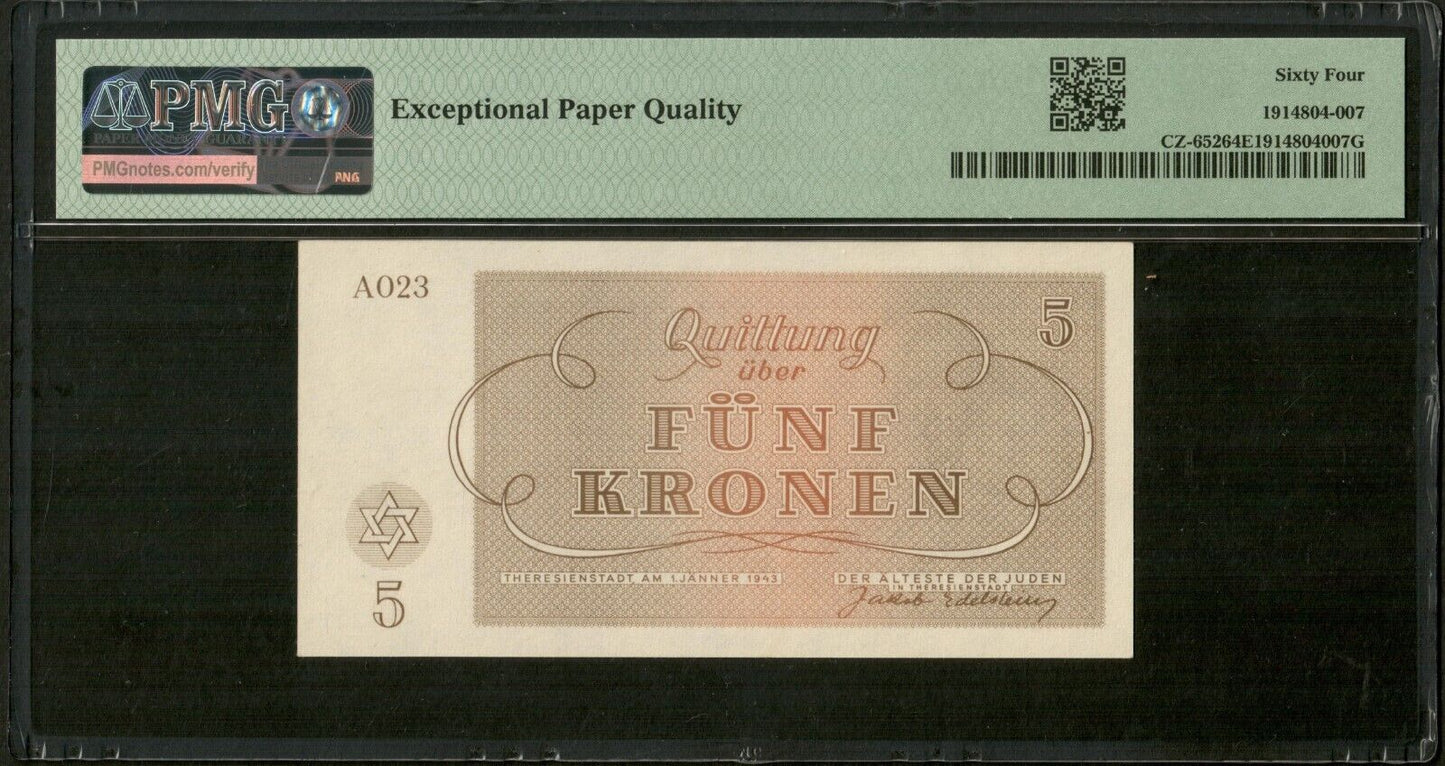 CZECHOSLOVAKIA - Theresienstadt Ghetto - 5 Kronen 1943 CZ-652 NEUF / PMG 64 EPQ