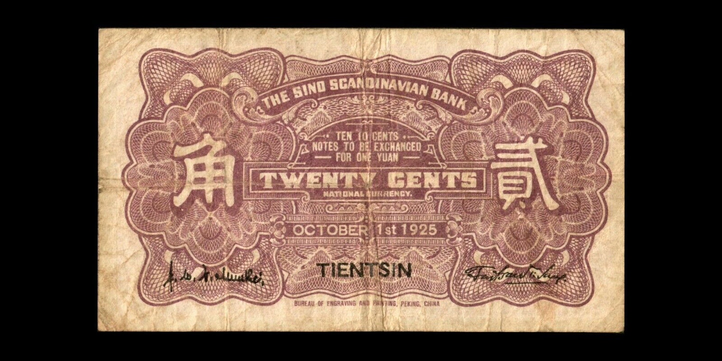 CHINE - CHINA - Sino Scandinavian Bank, 20 Cents 1925 P.S596 TB / Fine