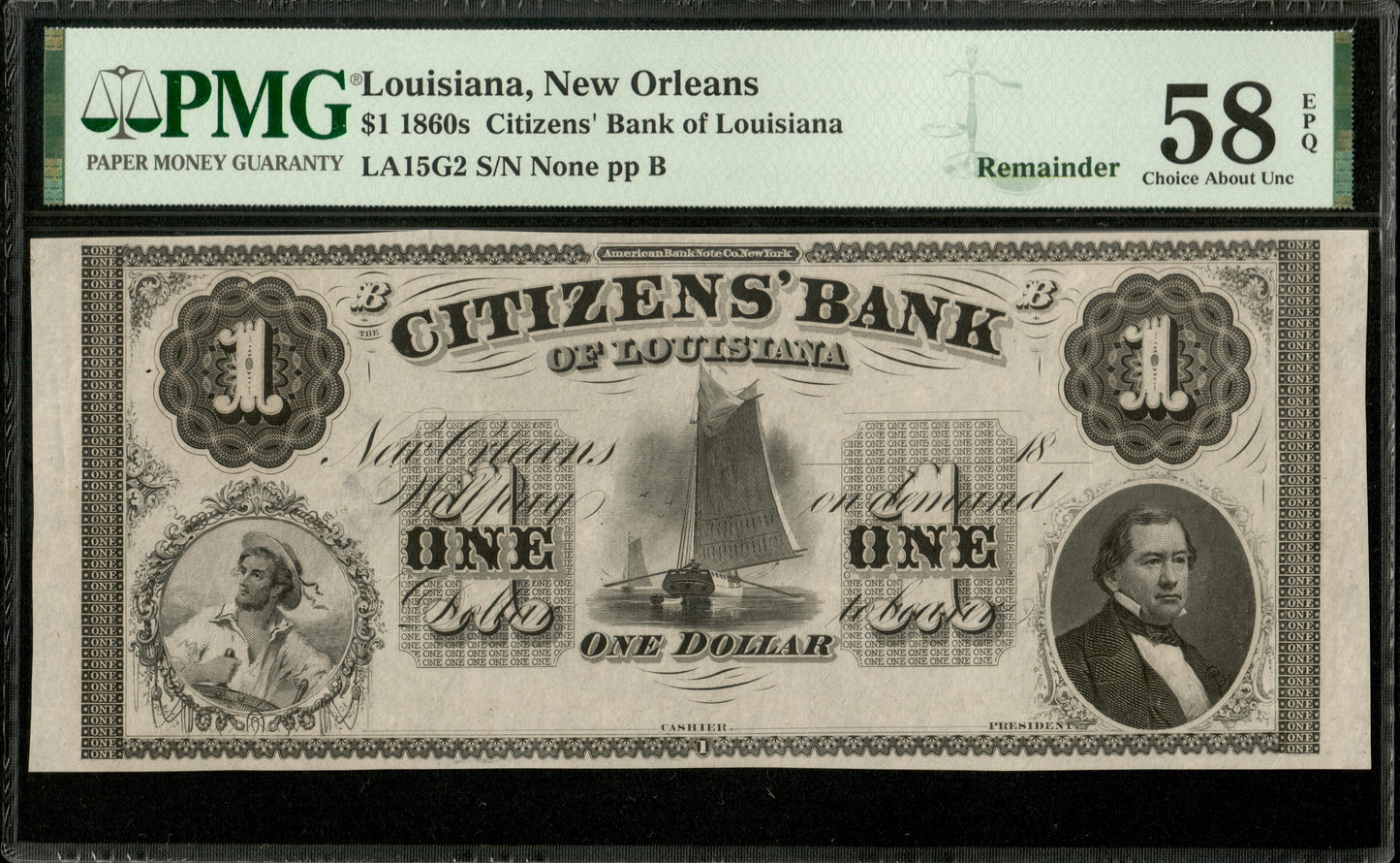 USA - Citizens' Bank of Louisiana New Orleans, 1 Dollar $1 1860s Remainder NEUF / PMG 58 EPQ