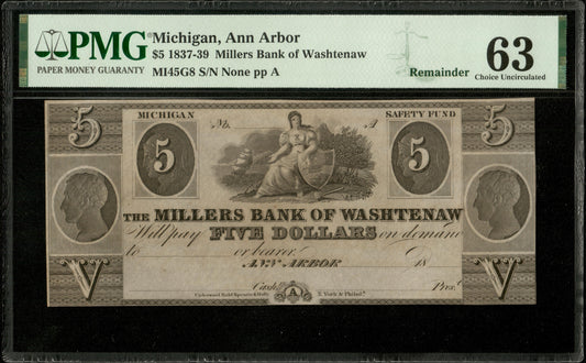 USA - Millers Bank of Washtenaw Ann Arbor, 5 Dollars $5 1837-1839 Remainder UNC / PMG 63