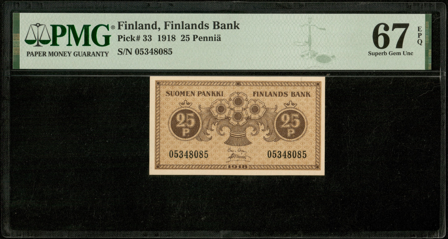 FINLANDE - FINLAND - 25 Pennia 1918 Pick 33 PMG Superb Gem Unc 67 EPQ : TOP POP (1/4)