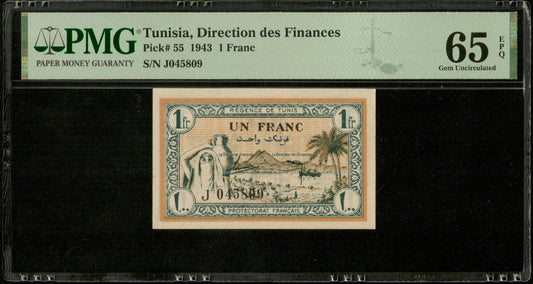 TUNISIE - TUNISIA - Régence, 1 Franc 1943 Pick 55 NEUF / PMG 65 EPQ