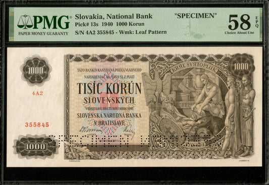 SLOVAQUIE - SLOVAKIA - 1000 Korun Specimen 1940 P.13s SPL / PMG Choice AU 58 EPQ