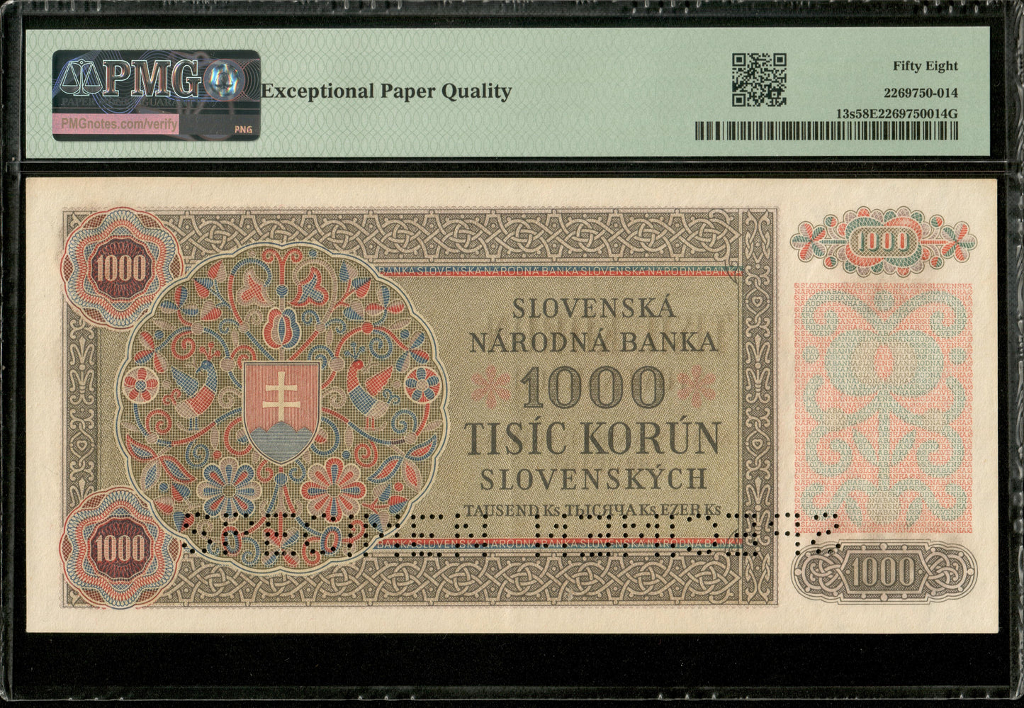 SLOVAQUIE - SLOVAKIA - 1000 Korun Specimen 1940 P.13s SPL / PMG Choice AU 58 EPQ