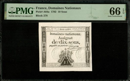 FRANCE - Assignat, 10 Sous 24 Octobre 1792 Ass.34a, P.A64a NEUF / PMG Gem Unc 66 EPQ : Top Pop 1/2