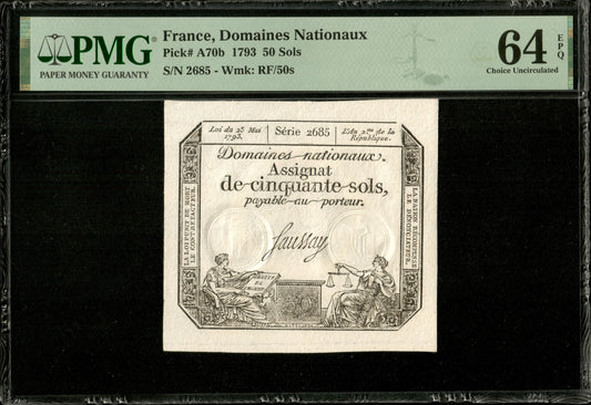 FRANCE - Assignat, 50 Sols 23 mai 1793 Ass.42c, P.A70b Série 2685 NEUF / PMG Choice Unc 64 EPQ