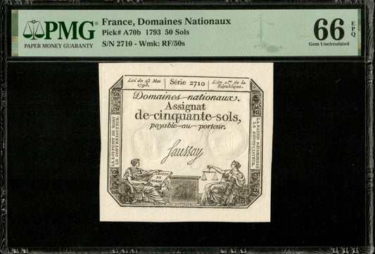 FRANCE - Assignat, 50 Sols 23 mai 1793 Ass.42c, P.A70b Série 2710 NEUF / PMG Gem Unc 66 EPQ