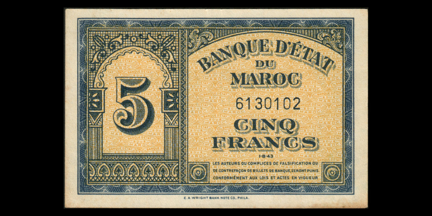 MAROC - MOROCCO - 5 Francs 1943 P.24 SUP / XF