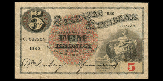 SUEDE - SWEDEN - 5 Kronor 1930 P.33m TB / Fine