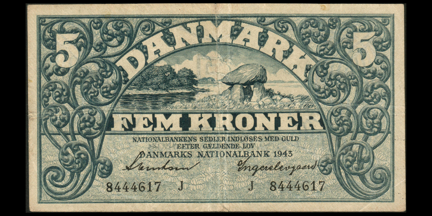 DANEMARK - DENMARK - 5 Kroner 1943 P.30i, Sieg 102 TB / Fine