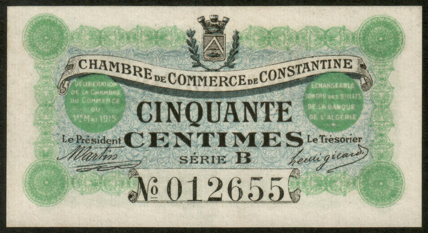 ALGÉRIE - ALGERIA - Chambre de Commerce Constantine, 50 Centimes 1915 JP.140.03 SPL / AU