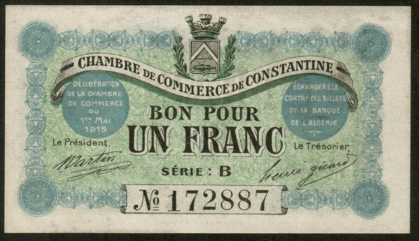 ALGÉRIE - ALGERIA - Chambre de Commerce Constantine, 1 Franc 1915 JP.140.04 NEUF / UNC