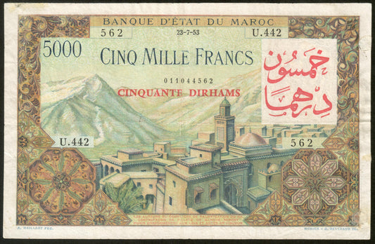 MAROC - MOROCCO - 50 Dirhams sur 5000 Francs 1953 (1959) P.51 TB / Fine