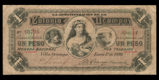 ARGENTINE - ARGENTINA - 1 Peso 1888 Colonia Ocampo P.NL B / Good