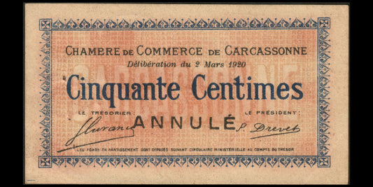 FRANCE - Chambre de Commerce Carcassonne (Aude), 50 Centimes ANNULÉ 1920 JP.38.16 SUP / XF